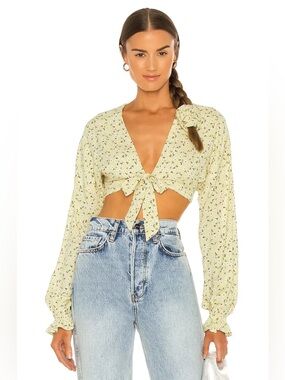 MAJORELLE Lemon Floral Tie-Front Crop Top